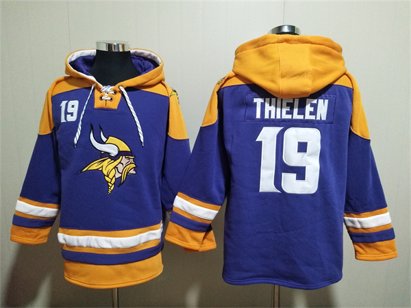 Men's Minnesota Vikings #19 Adam Thielen Purple/Yellow Ageless Must-Have Lace-Up Pullover Hoodie - Click Image to Close